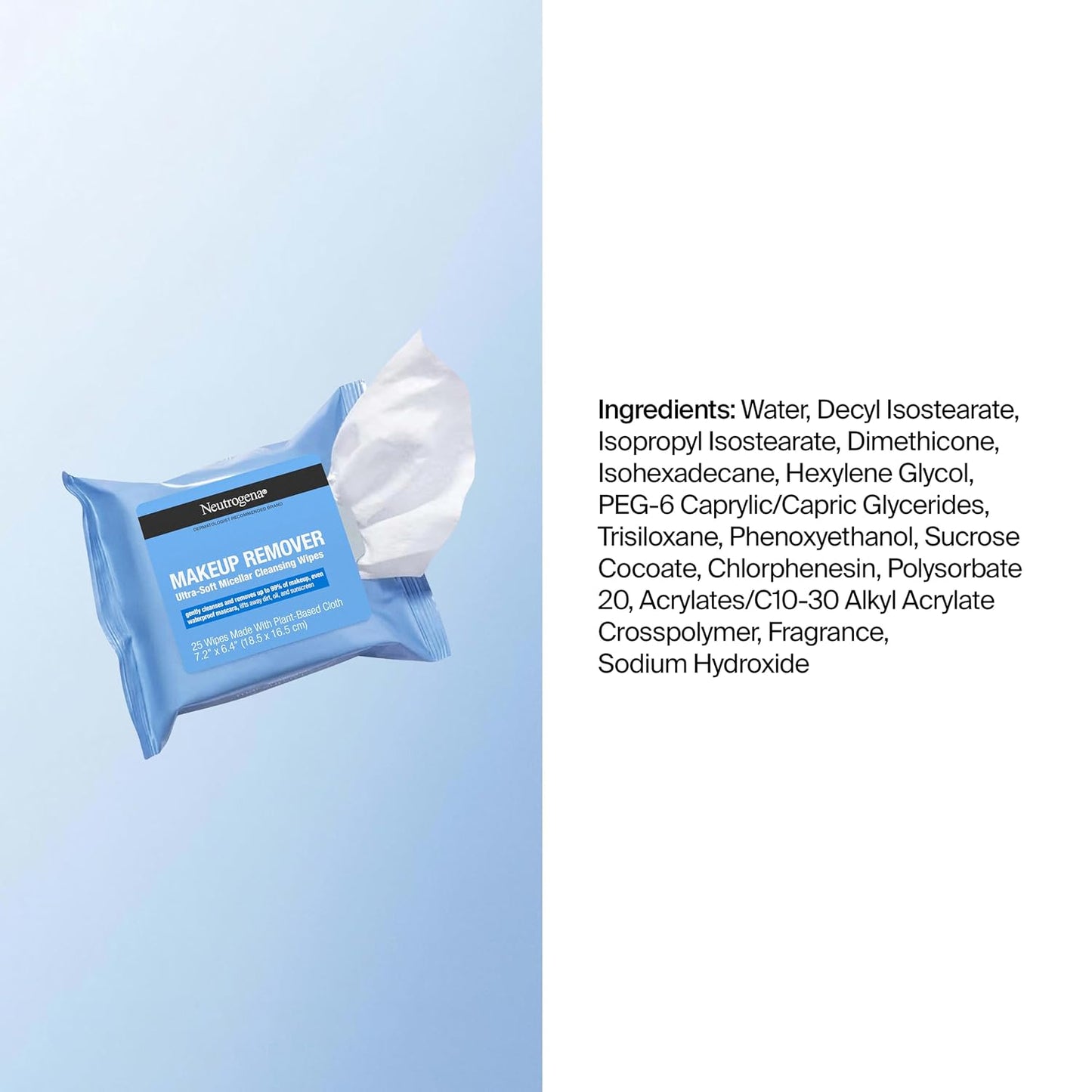 Neutrogena Makeup Remover Micellar Wipes for Face Daily Gently Removes Oil Dirt and Waterproof Makeup in a Simple Fully Plant-Based Cloth, 2 pack of 25 ct