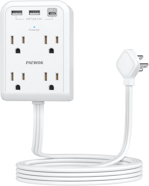 Surge Protector Power Strip, Outlet Extender Stick with USB C Ports, 4 Outlet 3 USB, Extension Cord Flat Wall Plug 6 FT, Home Office Dorm Room Essentials, White