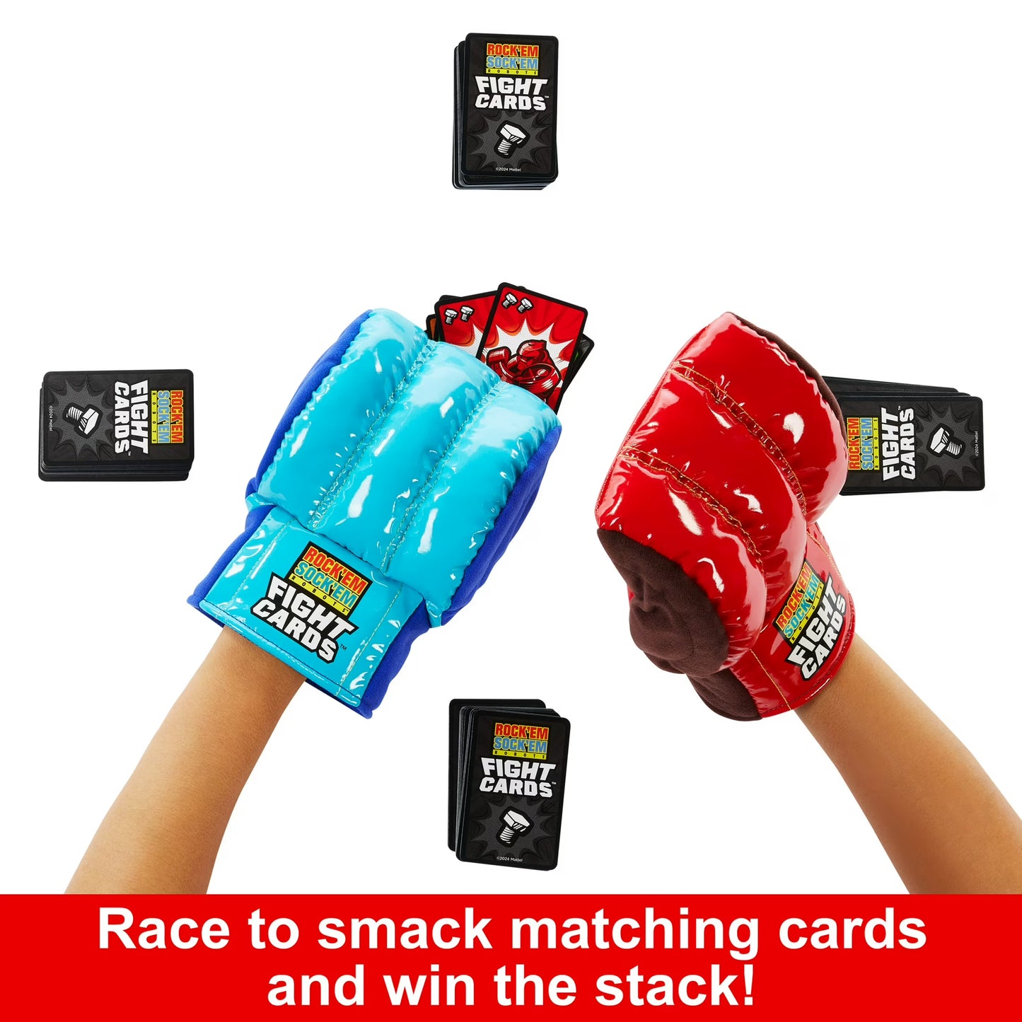 Mattel Games Rock ‘Em Sock ‘Em Robots Fight Cards Card Game, Team Party Game for Kids & Adults with 2 Boxing Gloves