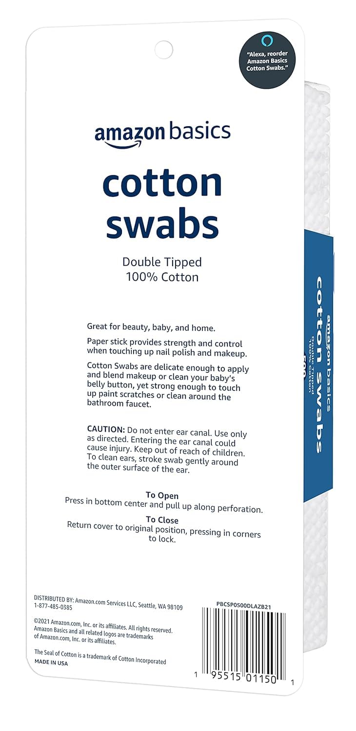 Basics Double-Tipped Cotton Swabs for Personal Hygiene and Baby Care, Cotton, Versatile, Baby Safe, 500 Count