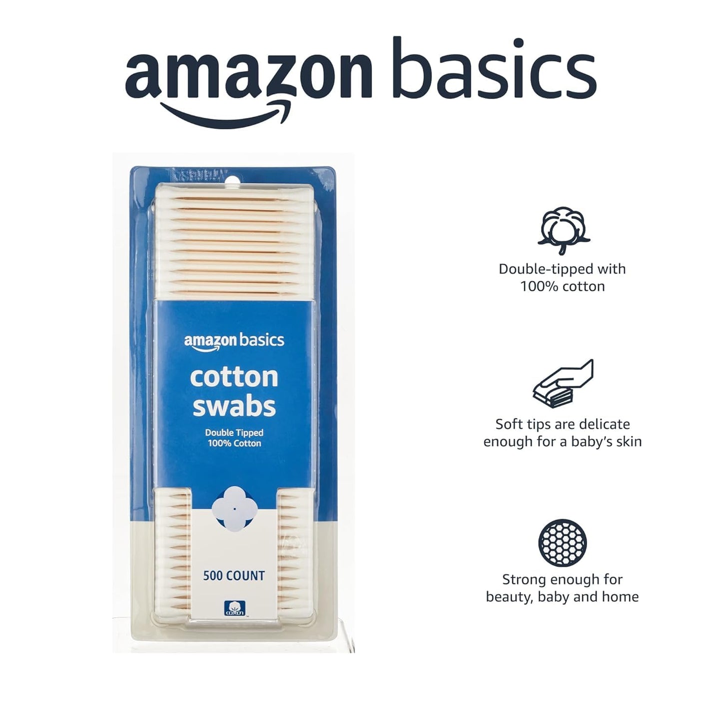 Basics Double-Tipped Cotton Swabs for Personal Hygiene and Baby Care, Cotton, Versatile, Baby Safe, 500 Count