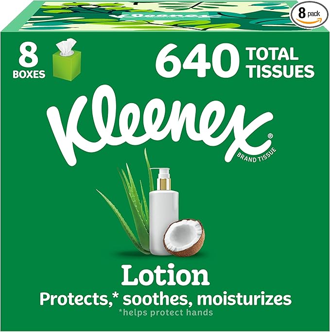 Kleenex Lotion Facial Tissues with Coconut Oil, 8 Cube Boxes, 80 Tissues Per Box, 3-Ply