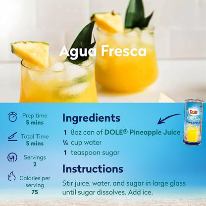 Dole 100% Pineapple Juice, No Added Sugar, Excellent Source of Vitamin C, 100% Fruit Juice 8.0 Fl Oz (Pack of 24)