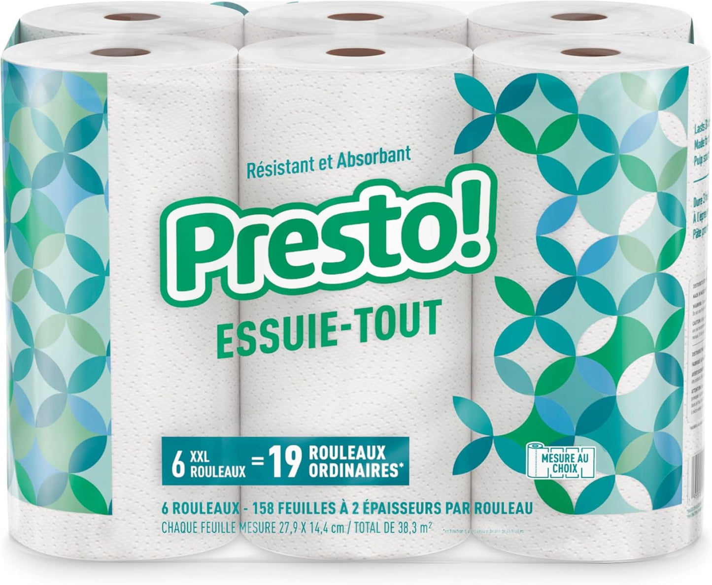 Presto! Ultra-Strong Premium Paper Towels, 158 Sheet Huge Roll - Flex-a-Size, 12 Rolls (2 Packs of 6), Equivalent to 38 Regular Rolls, White
