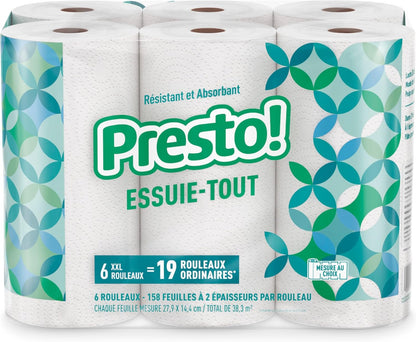 Presto! Ultra-Strong Premium Paper Towels, 158 Sheet Huge Roll - Flex-a-Size, 12 Rolls (2 Packs of 6), Equivalent to 38 Regular Rolls, White