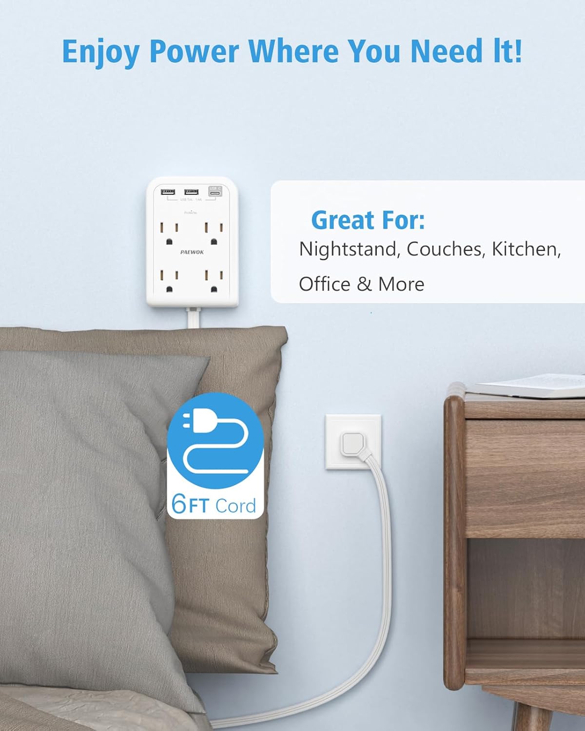 Surge Protector Power Strip, Outlet Extender Stick with USB C Ports, 4 Outlet 3 USB, Extension Cord Flat Wall Plug 6 FT, Home Office Dorm Room Essentials, White