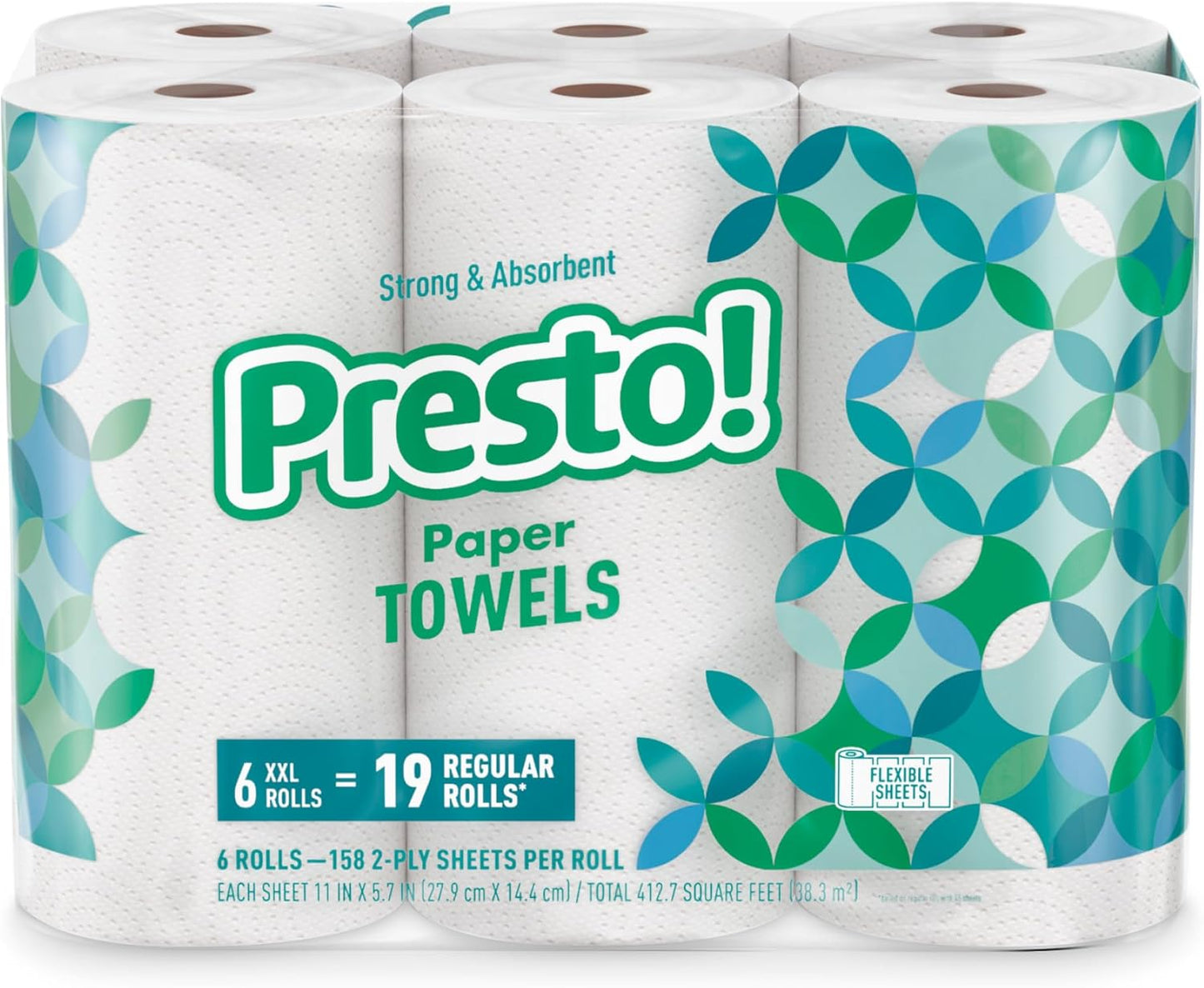 Presto! Ultra-Strong Premium Paper Towels, 158 Sheet Huge Roll - Flex-a-Size, 12 Rolls (2 Packs of 6), Equivalent to 38 Regular Rolls, White