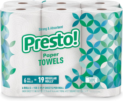 Presto! Ultra-Strong Premium Paper Towels, 158 Sheet Huge Roll - Flex-a-Size, 12 Rolls (2 Packs of 6), Equivalent to 38 Regular Rolls, White
