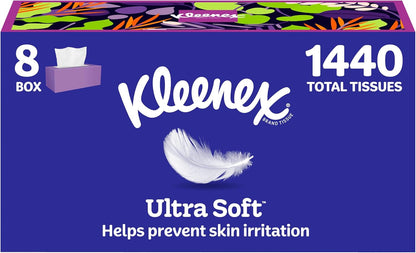 Kleenex Ultra Soft Facial Tissues, 8 Flat Boxes, 180 Tissues per Box, 3-Ply, Packaging May Vary