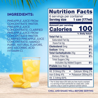 Dole 100% Pineapple Mango Juice 6 Fl Oz (Pack of 6), 48 Total Cans