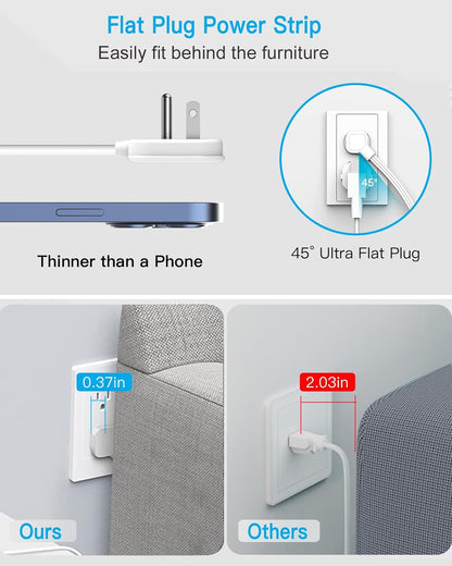 Surge Protector Power Strip, Outlet Extender Stick with USB C Ports, 4 Outlet 3 USB, Extension Cord Flat Wall Plug 6 FT, Home Office Dorm Room Essentials, White