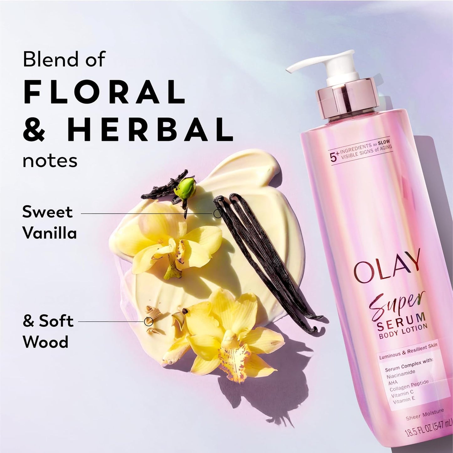 Olay Super Serum Hand & Body Lotion for Dry Skin, 24hr Long Lasting Hydration, 5+ Ingredient Complex for Bright Even Firm Luminous Skin, Sweet Vanilla & Soft Wood Scent, 18.5 fl oz