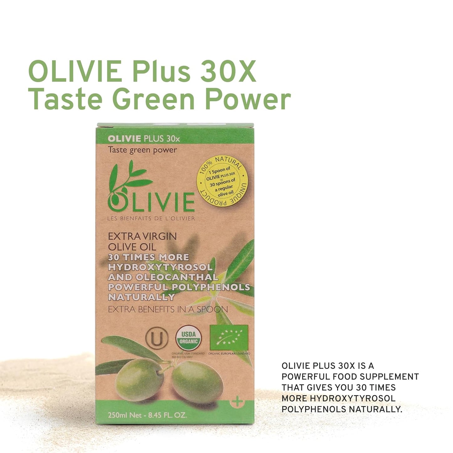 Organic High Polyphenol Extra Virgin Olive Oil, 30x More Hydroxytyrosol, Polyphenols 1250 mg/kg & Antioxidants, Research-Backed, OLIVIE PLUS 30X, Pure Cold Pressed EVOO, Heart Support, Kosher, 250ml
