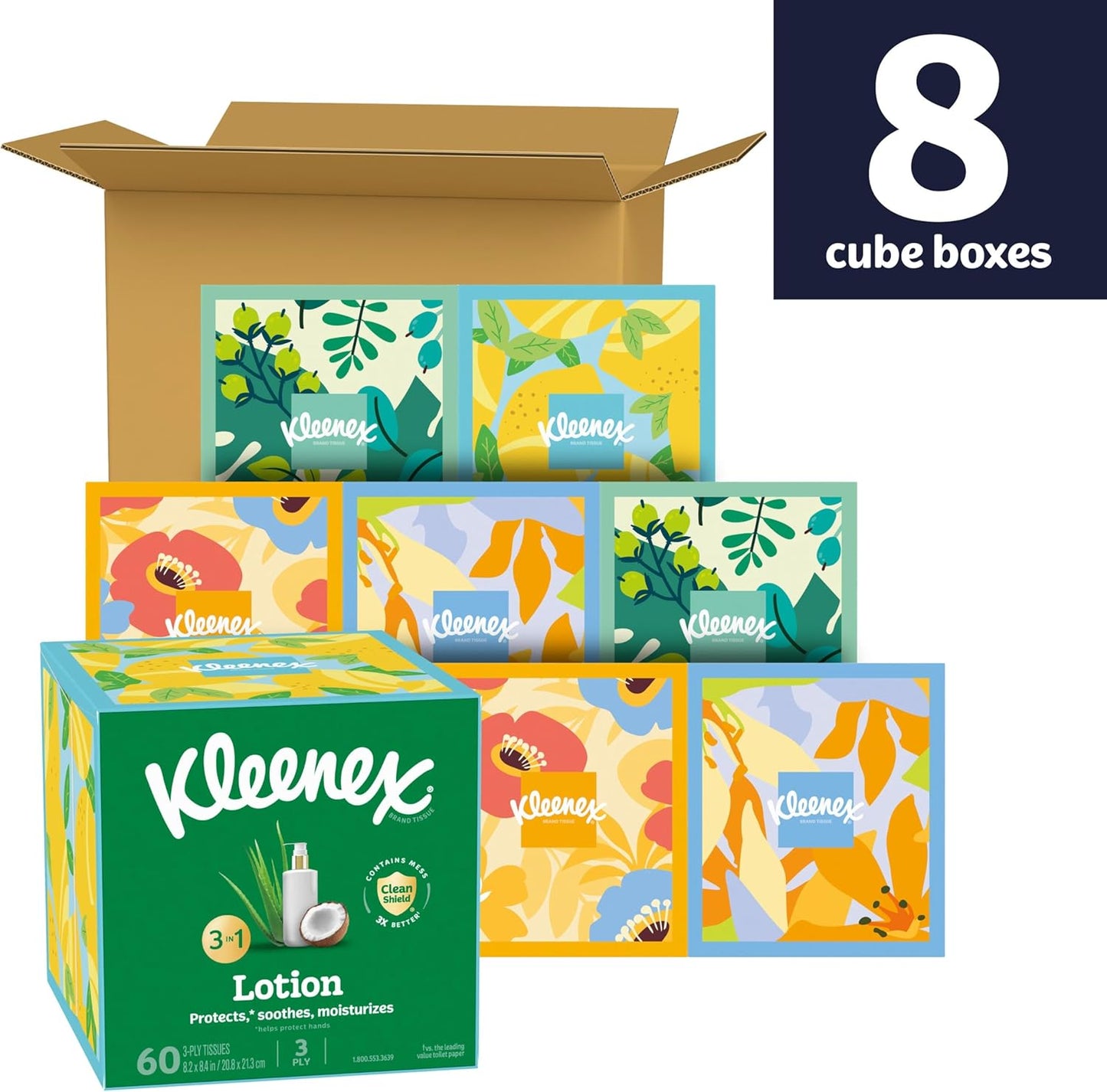 Kleenex Lotion Facial Tissues with Coconut Oil, 8 Cube Boxes, 80 Tissues Per Box, 3-Ply