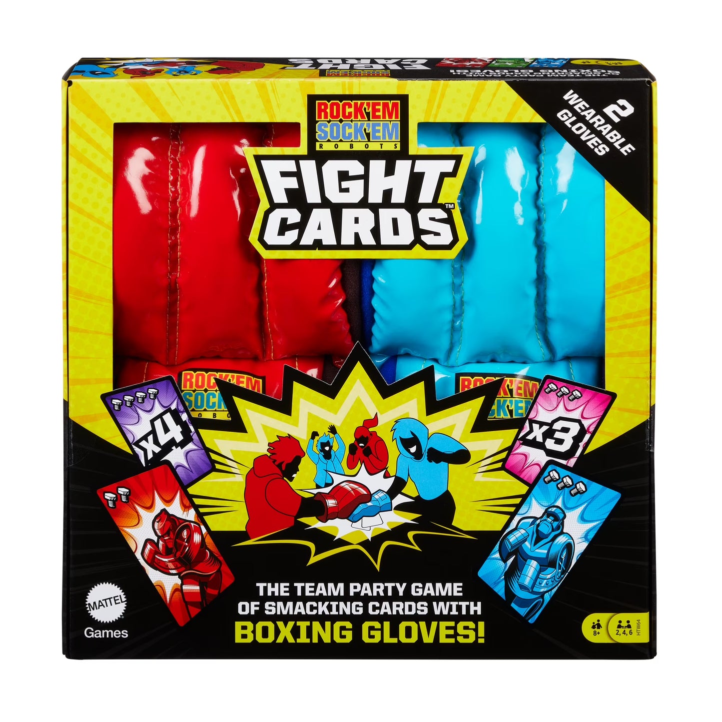 Mattel Games Rock ‘Em Sock ‘Em Robots Fight Cards Card Game, Team Party Game for Kids & Adults with 2 Boxing Gloves