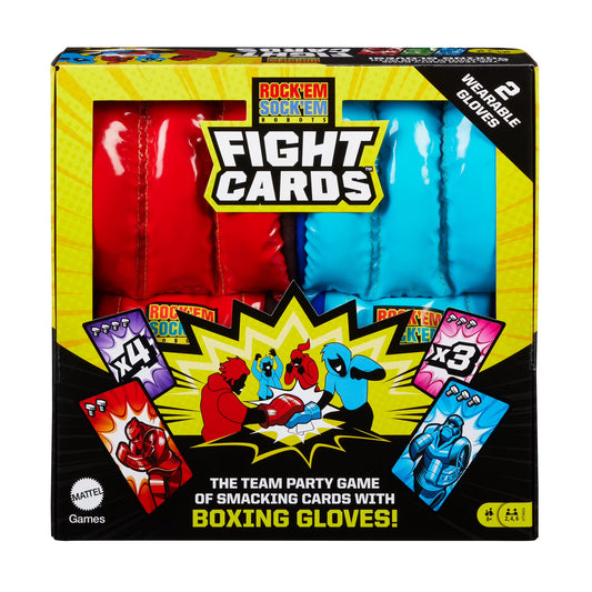 Mattel Games Rock ‘Em Sock ‘Em Robots Fight Cards Card Game, Team Party Game for Kids & Adults with 2 Boxing Gloves